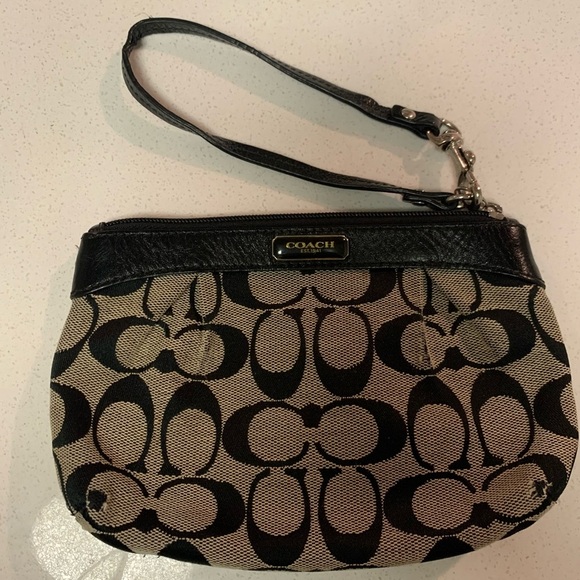 Coach Signature Black Grayish Brown Wristlet - Picture 1 of 10